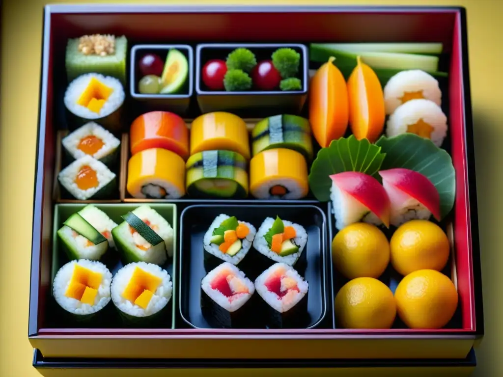 Detalle exquisito de un bento japonés del periodo Edo con alimentos vibrantes y sushi, reflejo de la dieta japonesa Edo sostenible