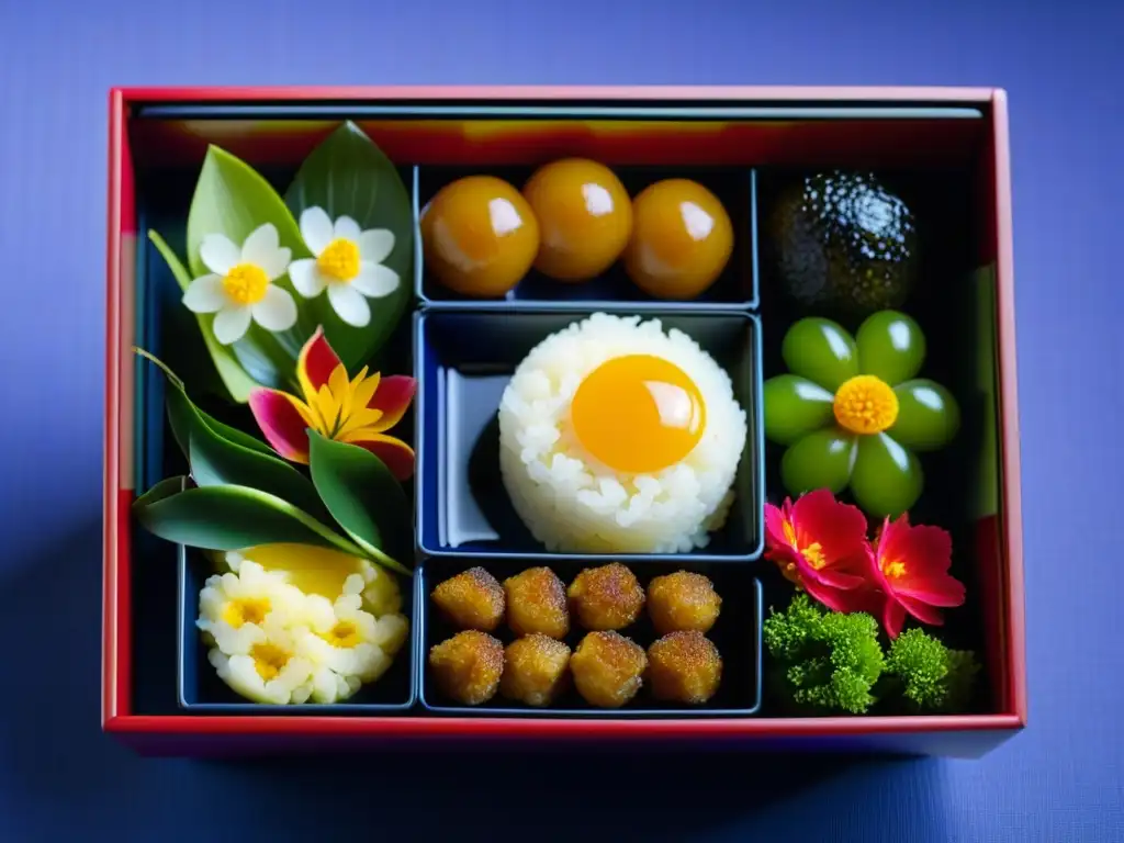 Detalle de un exquisito bento japonés vegetariano, representativo de la precisión y belleza en la comparativa cocina monástica samurái