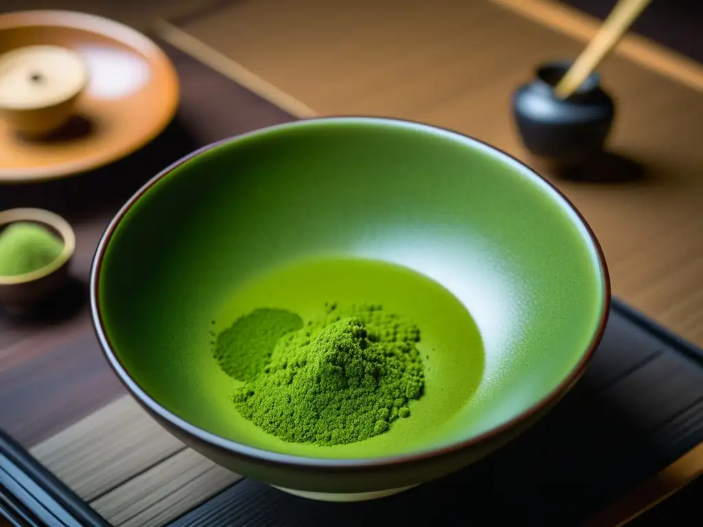 Detalle exquisito de ceremonia del té japonesa en la Era Kamakura, con alimentos ceremoniales