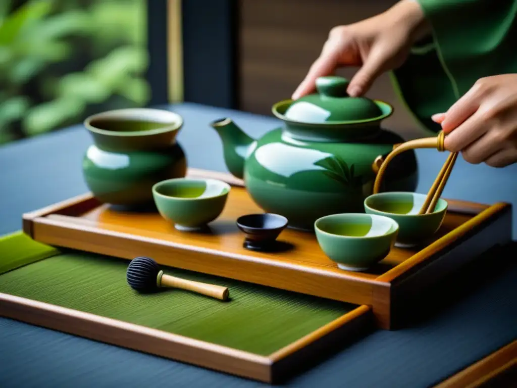 Detalle exquisito de una ceremonia del té japonesa con juego de té de cerámica y matcha en bandeja de madera