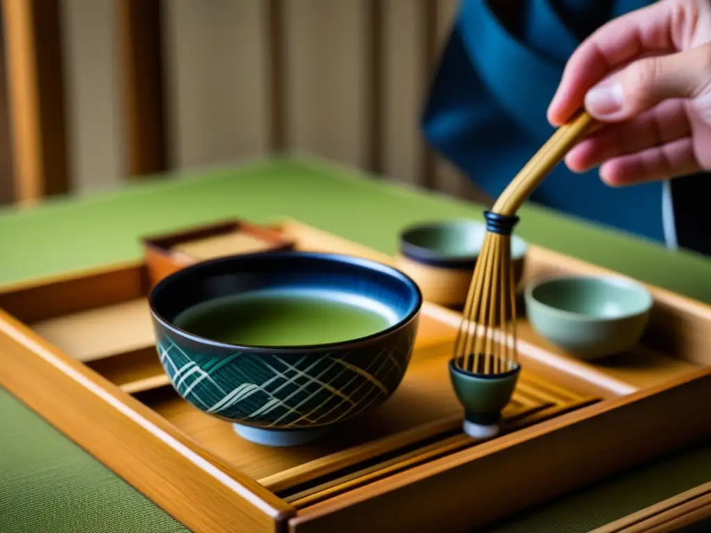 Detalle exquisito de una ceremonia del té japonesa durante la Restauración Meiji