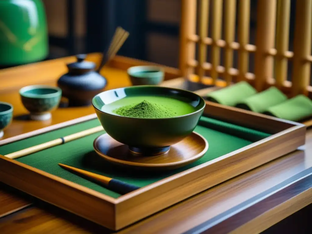 Detalle exquisito de una ceremonia de té japonesa en la era samurái, con un batidor de bambú mezclando polvo verde en una taza