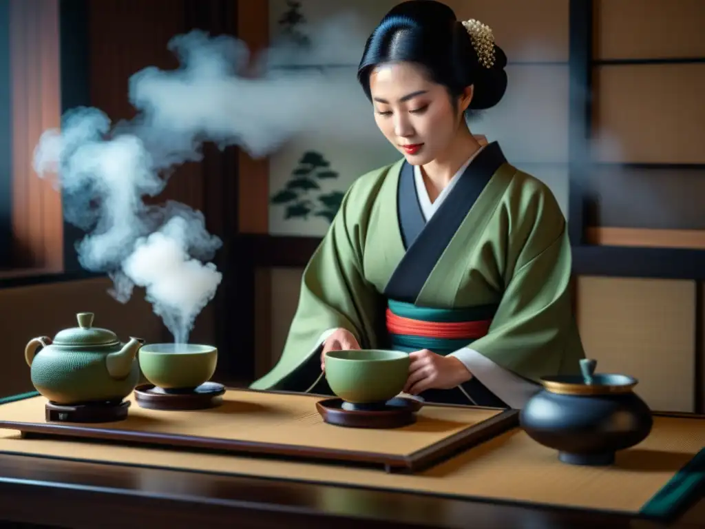 Detalle exquisito de una ceremonia tradicional japonesa del té en una habitación serena de tatami