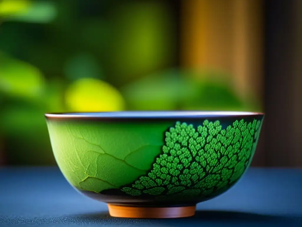 Detalle exquisito de un chawan japonés, con matcha verde resaltando imperfecciones y la cultura del té en Kamakura