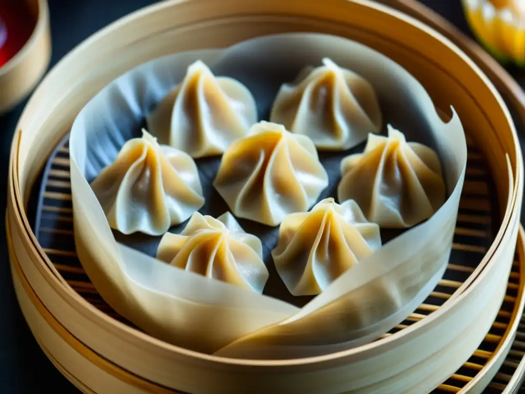 Detalle de un exquisito dim sum chino en vaporera de bambú, reflejando la cocina imperial china