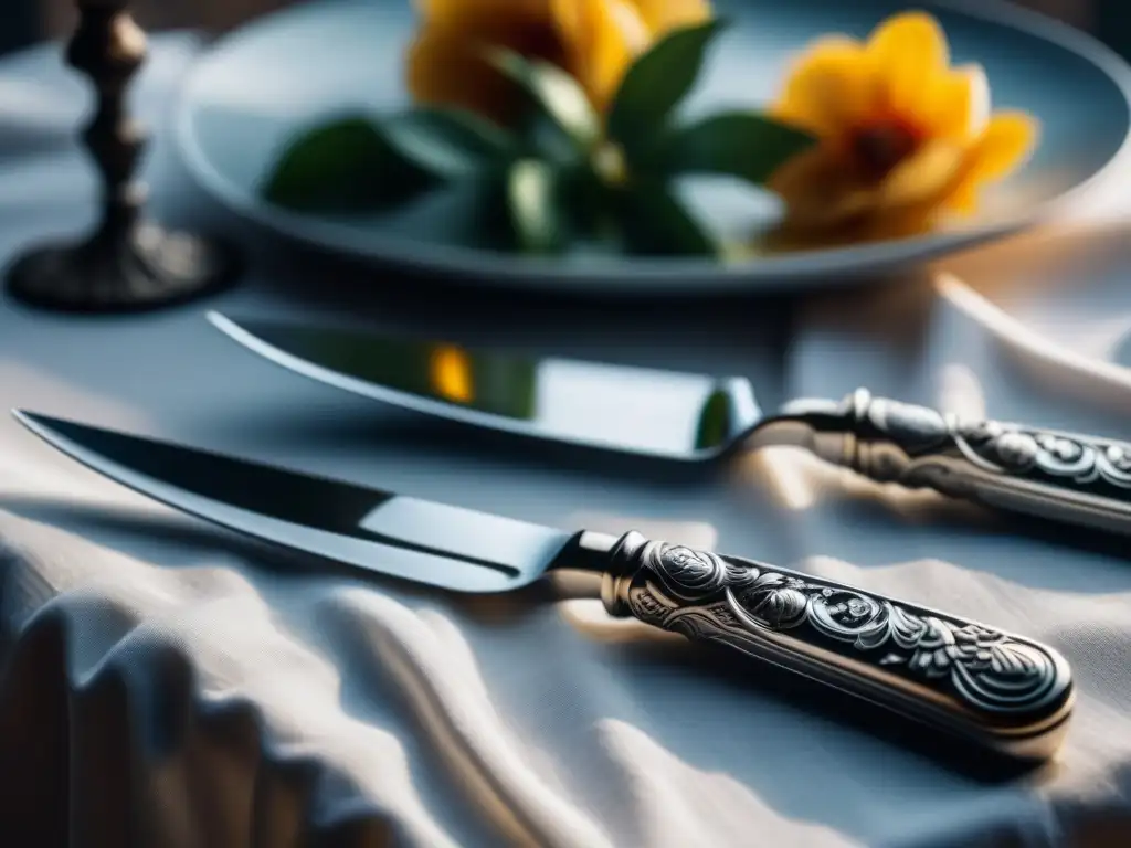 Exquisito juego de cubiertos de plata con grabados barrocos franceses Detalle exquisito de cubiertos de plata con grabados florales y escudos nobles en mantel blanco