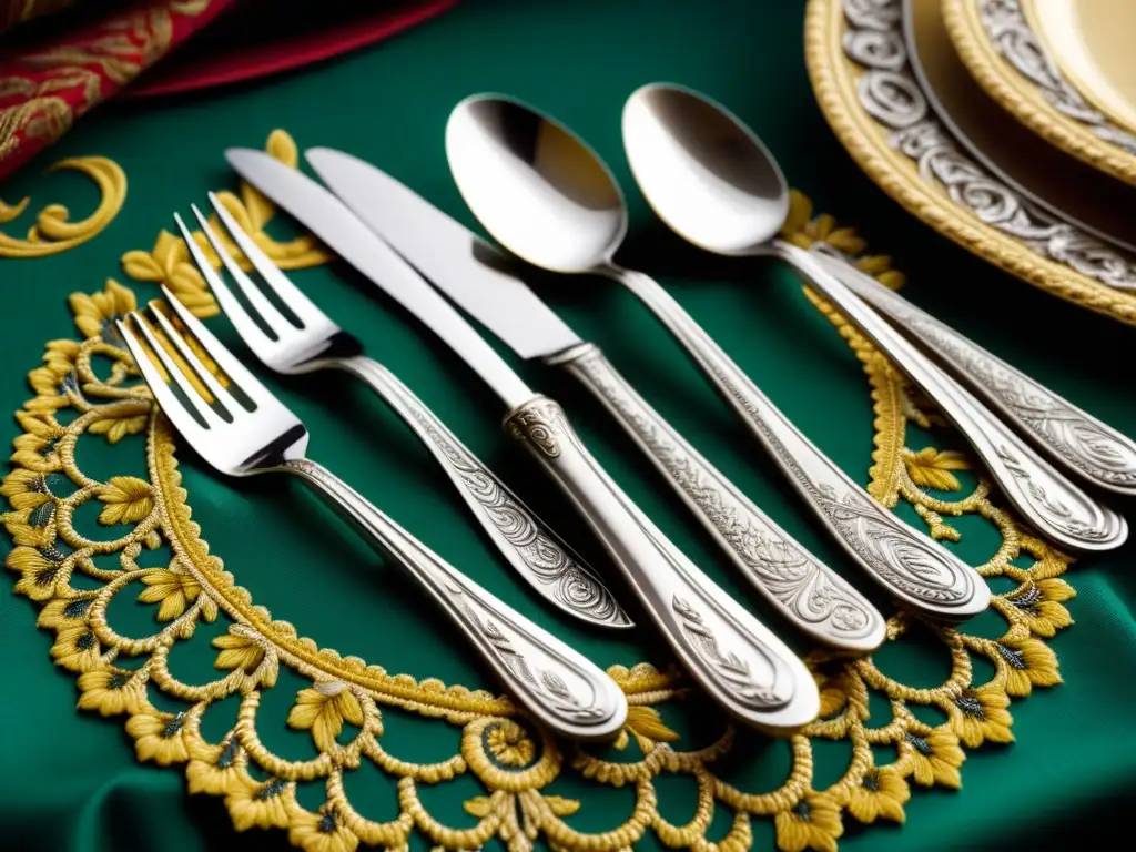 Detalles delicados: cubiertos de plata renacentistas en alta resolución Detalle exquisito de cubiertos de plata renacentistas en mesa bordada