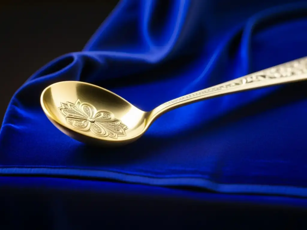 Detalle exquisito de cuchara de plata grabada sobre terciopelo azul real, simbolizando la cocina de Catalina la Grande con influencias extranjeras