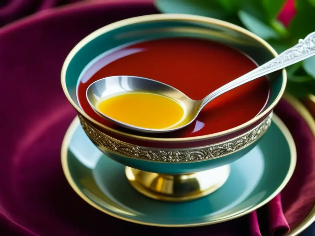 Detalle exquisito: cuchara de plata en tazón dorado, sopa roja