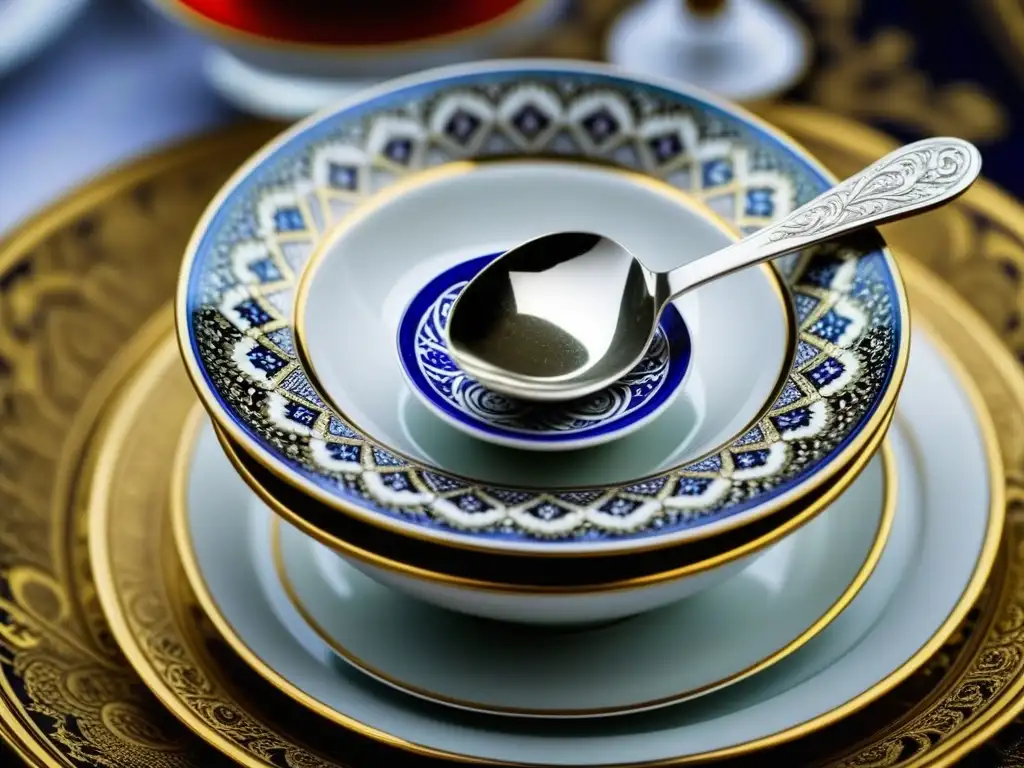 Detalle exquisito de cucharilla de plata sobre platos de porcelana de la tradición ayuno corte Zares