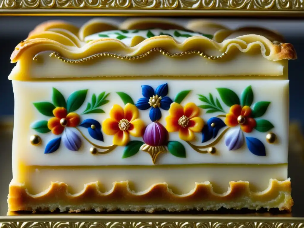 Detalle exquisito de una delicada pastelería francesa del siglo XVII con ornamentos dorados y diseños florales