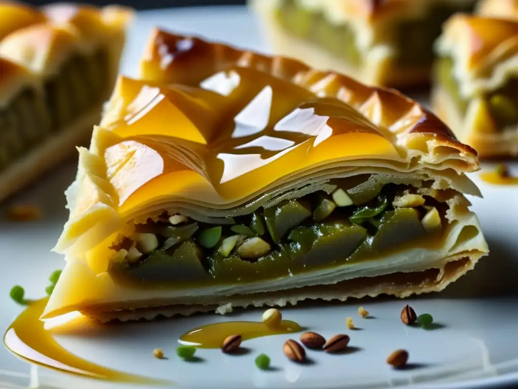 Detalle exquisito de un Baklava dorado, con capas de hojaldre y frutos secos, bañado en miel