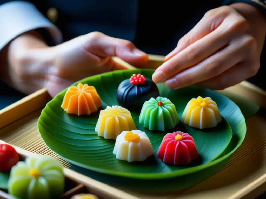 Detalle exquisito de un dulce Wagashi japonés, resaltando su historia, colores y arte culinario