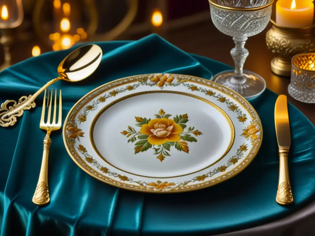 Plato francés barroco: lujo y detalle en oro y flores Detalle exquisito de una etiqueta en la mesa Barroco Francés, con patrones dorados y motivos florales sobre terciopelo