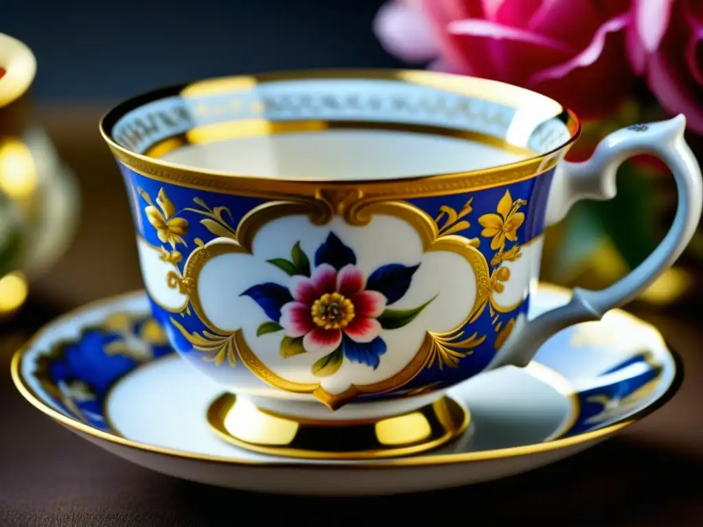 Detalle exquisito de una fina taza de porcelana del siglo XVIII con motivos florales pintados a mano, resaltando el lujo de la aristocracia europea