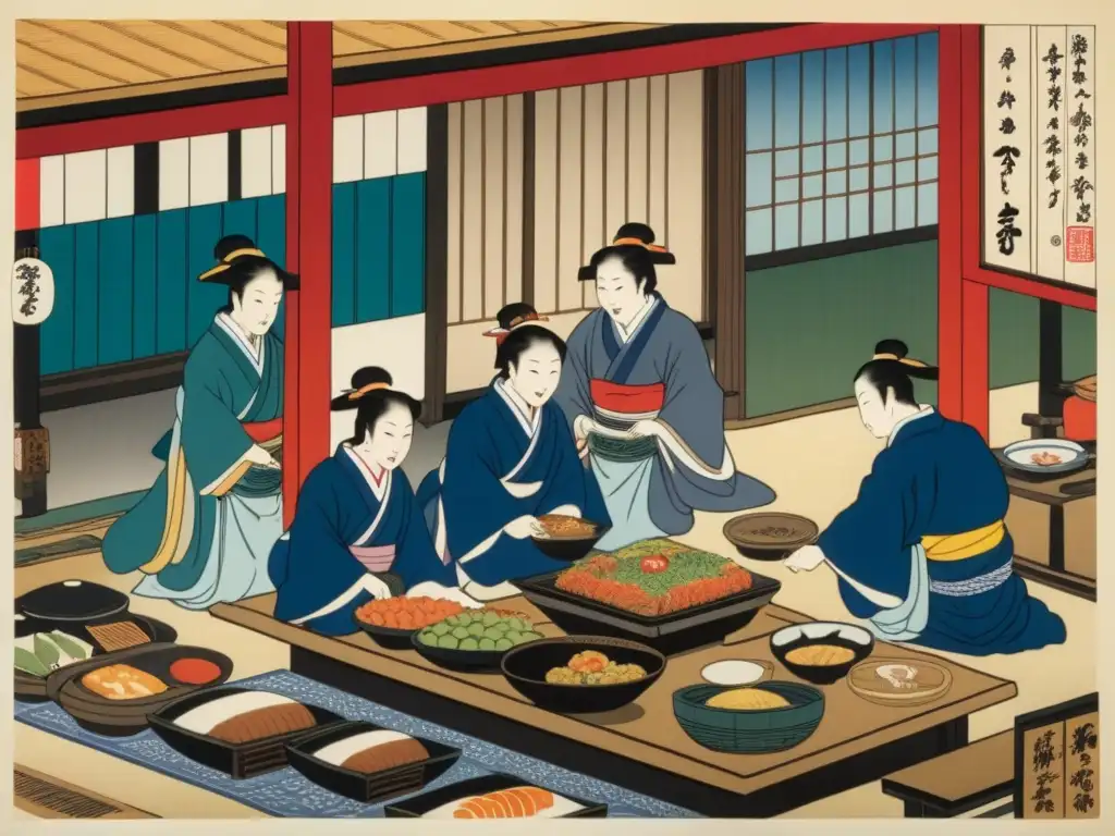 Grabado japonés antiguo: escenas culinarias del período Edo Detalle exquisito de grabado japonés antiguo de escenas culinarias de la Era Edo