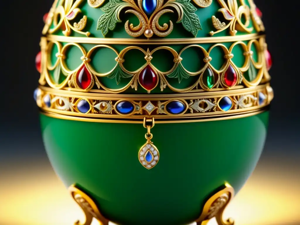 Detalle exquisito de huevo Fabergé: joyas vibrantes, grabados delicados y patrones intrincados, en luz suave