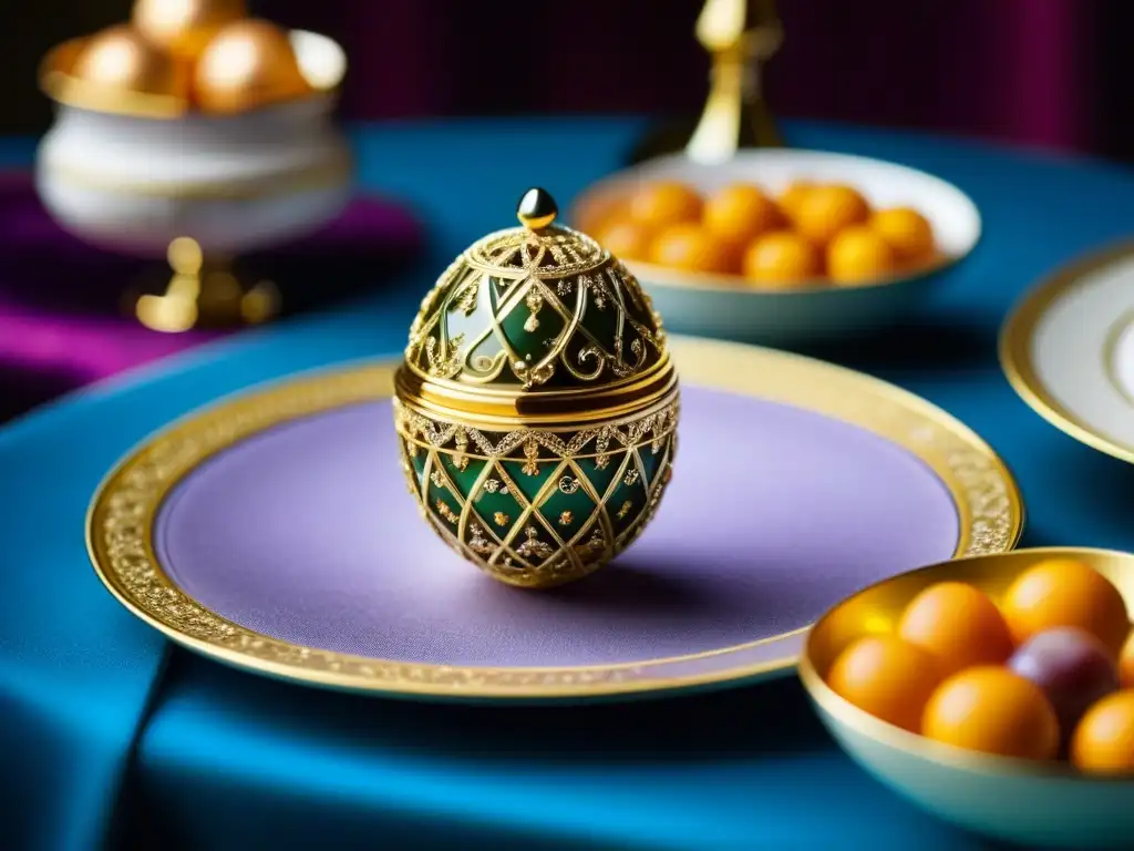 Detalle exquisito de huevo Fabergé en banquete zarista Detalle exquisito huevo Fabergé, filigrana oro, gemas, mesa banquete zarista, cocina histórica
