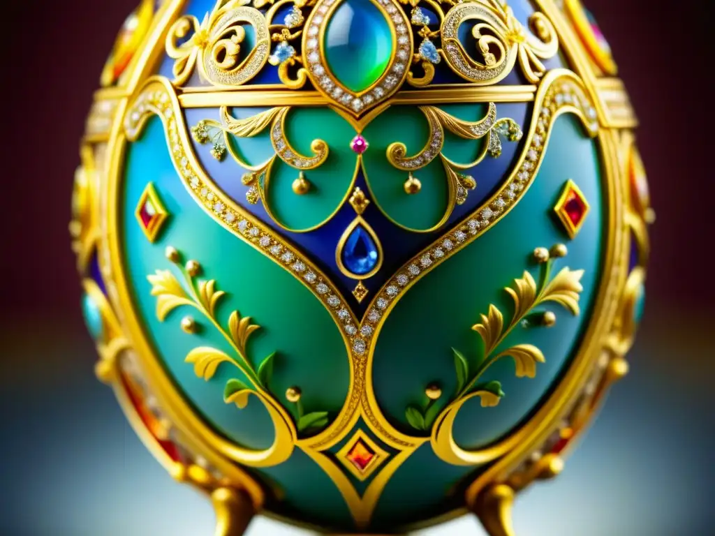 Detalle exquisito del huevo Fabergé, reflejando la opulencia de la corte rusa