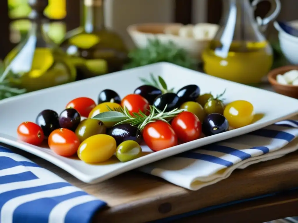 Detalle exquisito de ingredientes griegos en cocina bizantina: aceitunas, queso feta, hierbas, higos, miel y verduras