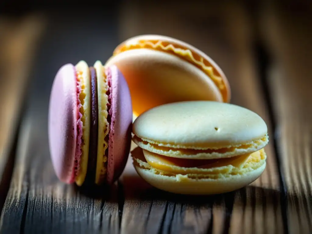 Detalle exquisito de un macaron junto a una Madeleine sobre mesa rústica