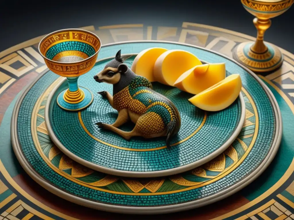 Detalle exquisito de una lujosa villa romana con banquete de animales exóticos para la élite romana