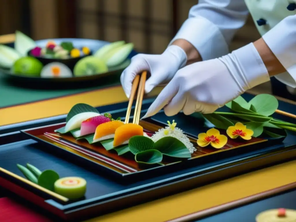 Detalle exquisito de un maestro chef preparando kaiseki en bandeja tradicional japonesa, demostrando la artesanía y precisión