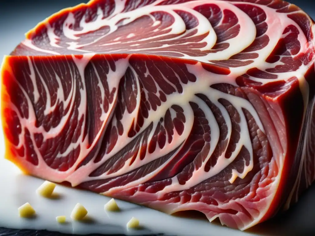 Detalle del exquisito marmoleado de la carne Wagyu, reflejando la armonía entre magro y grasa