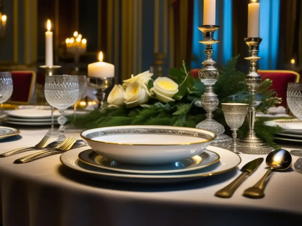 Detalle exquisito de una mesa de banquete europea del siglo XIX con cubertería de plata, vajilla decorada y cristalería, rodeada de sillas regias