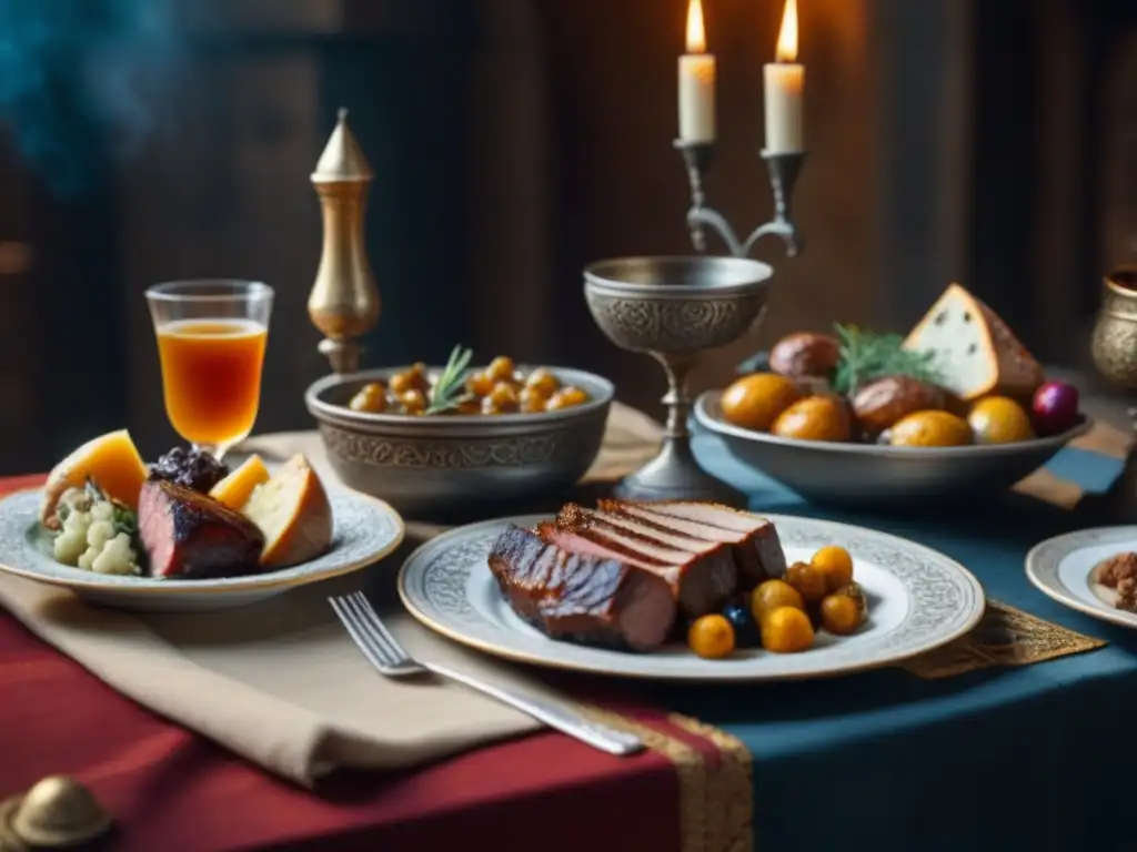 Detalle exquisito de una mesa de banquete medieval con manjares y decoración lujosa, evocando la opulencia de los Tabúes alimentarios Edad Media