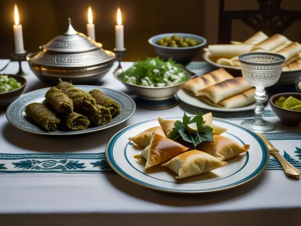 Detalle exquisito de una mesa de cena griega antigua, mostrando plata labrada, mantel decorado y platos tradicionales