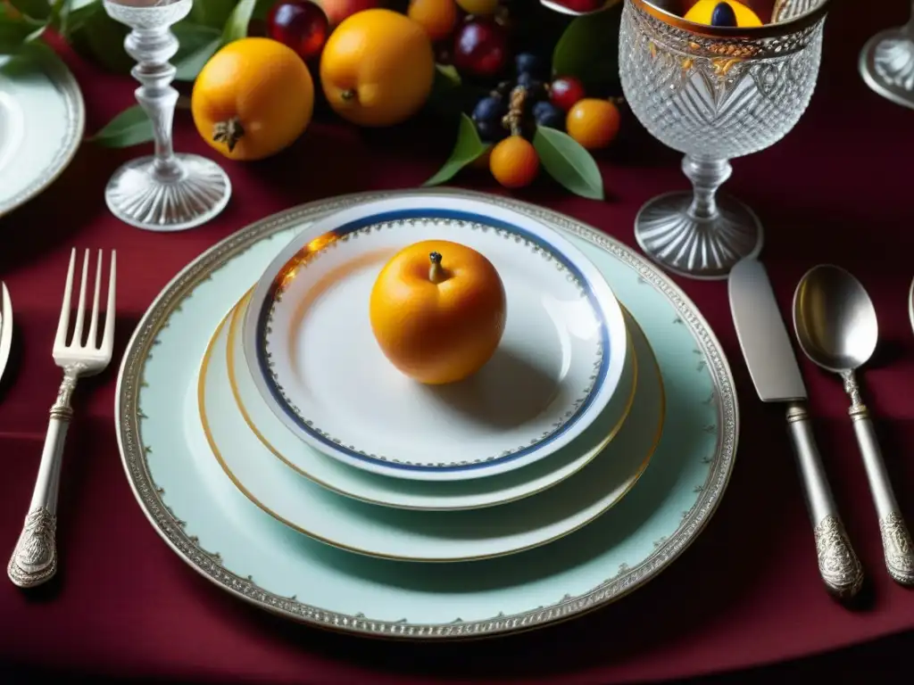 Detalle exquisito de mesa renacentista de Leonardo: cubiertos de plata, vajilla delicada, frutas y especias