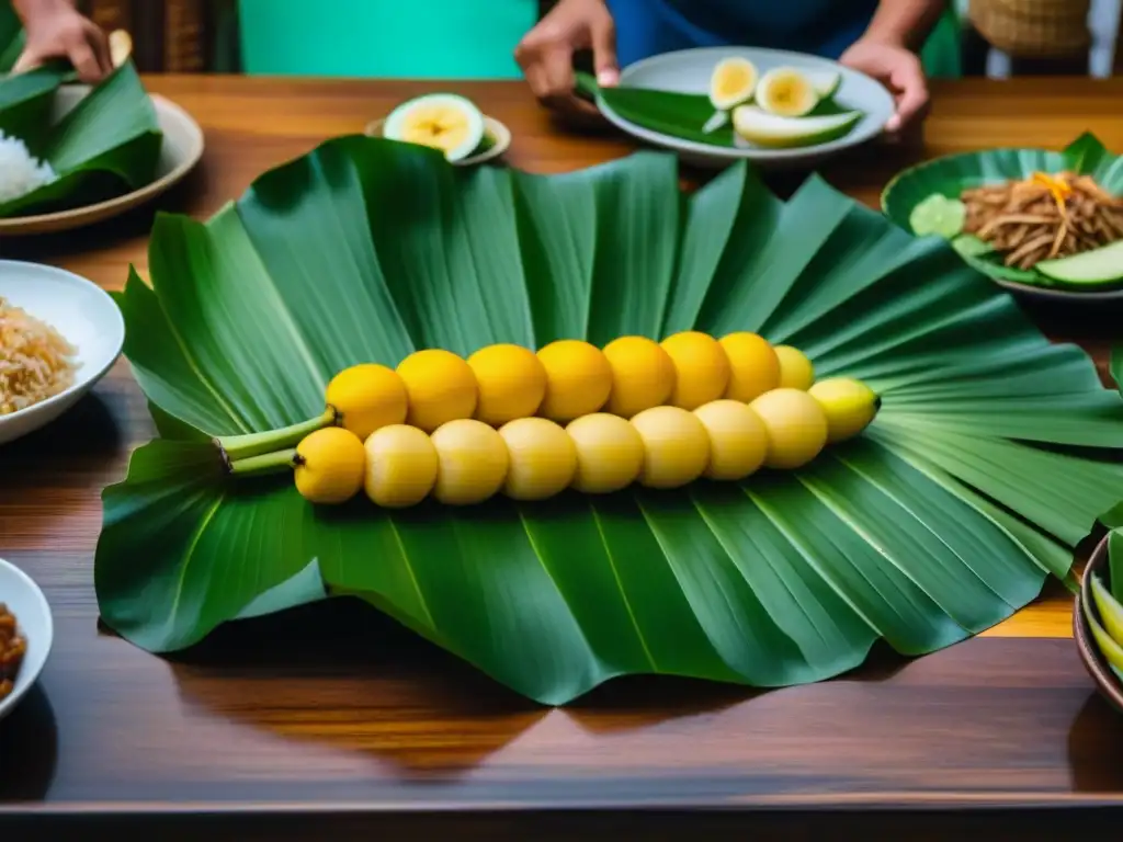 Detalle exquisito de una mesa kamayan Filipina, con manos arreglando hojas de plátano y platillos vibrantes como adobo y pancit