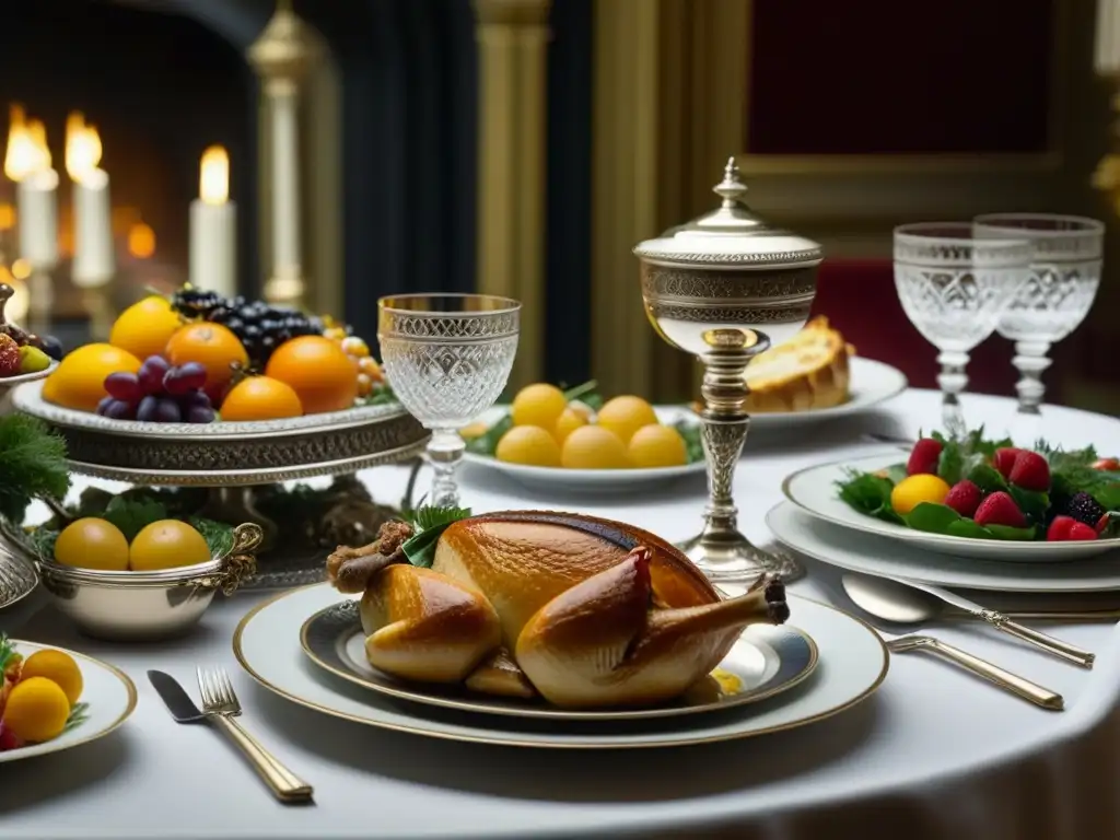 Detalle exquisito de mesa renacentista italiana con vajilla, flores y manjares, reflejando la influencia de la gastronomía renacimiento italiano