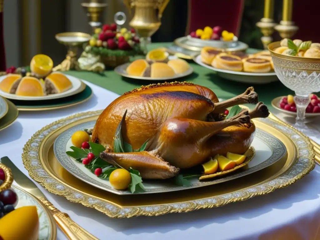 Detalle exquisito de una mesa de festín renacentista con comidas festivas arte renacentista