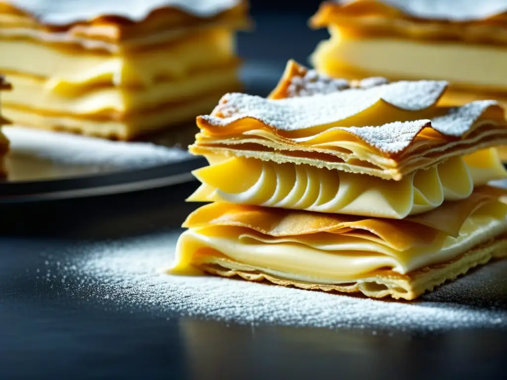 Detalle exquisito de un milhojas francés: capas de hojaldre, crema de vainilla y caramelo, con azúcar glas