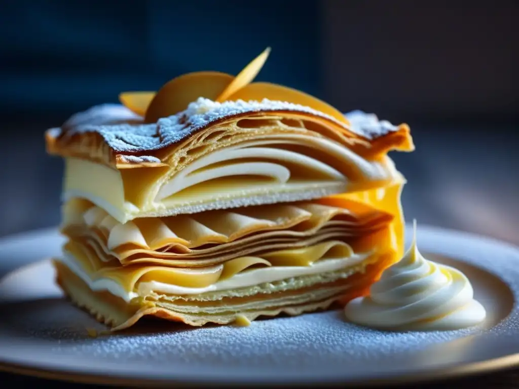 Detalle exquisito de un milhojas francés: hojaldre, crema de vainilla y capa caramelizada