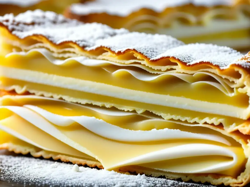 Detalle exquisito de un Millefeuille francés con capas perfectas, crema de vainilla y azúcar glas