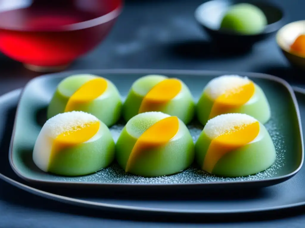 Detalle exquisito de mochi moderno en plato minimalista