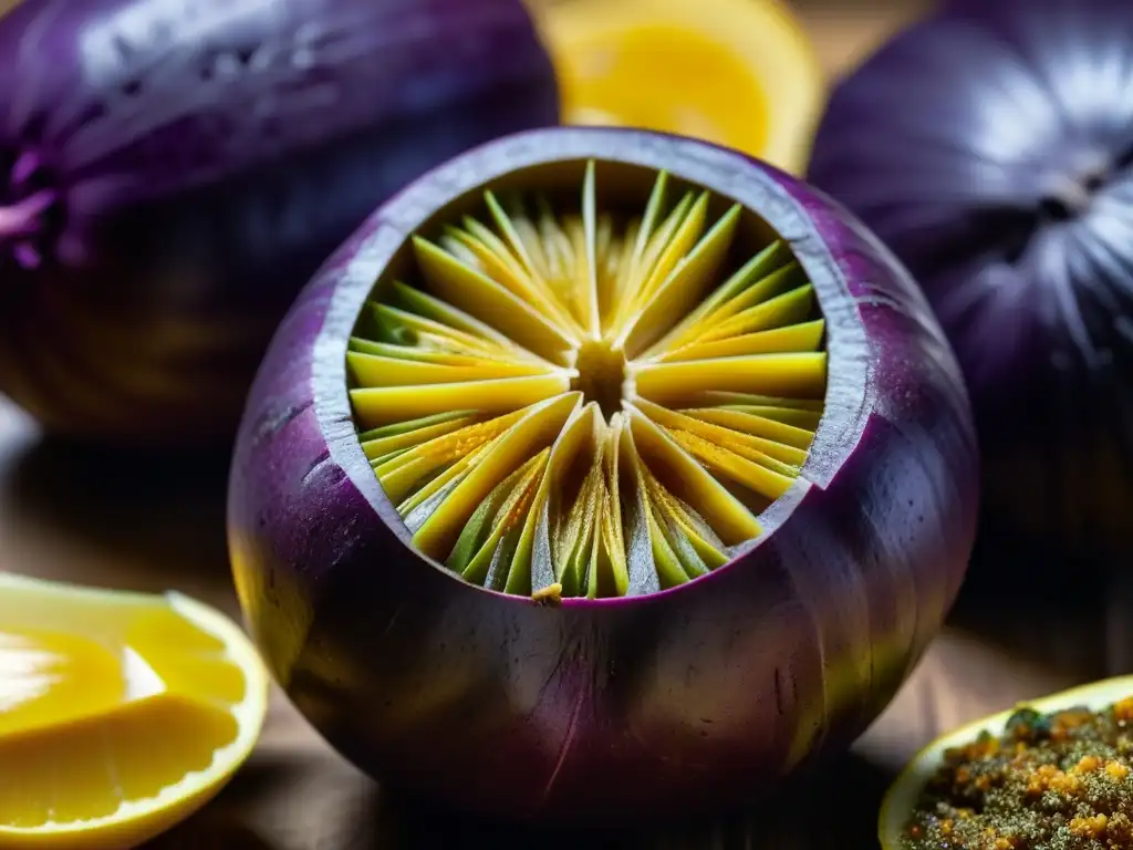 Detalle exquisito de una papa morada peruana cocida, resaltando su papel en gastronomía andina