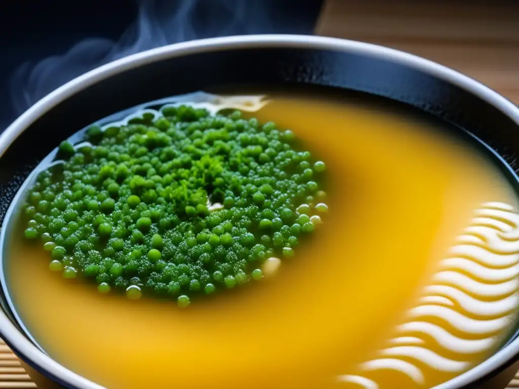 Detalle exquisito de una olla de sopa de miso burbujeante, con sabores básicos de la época Kamakura