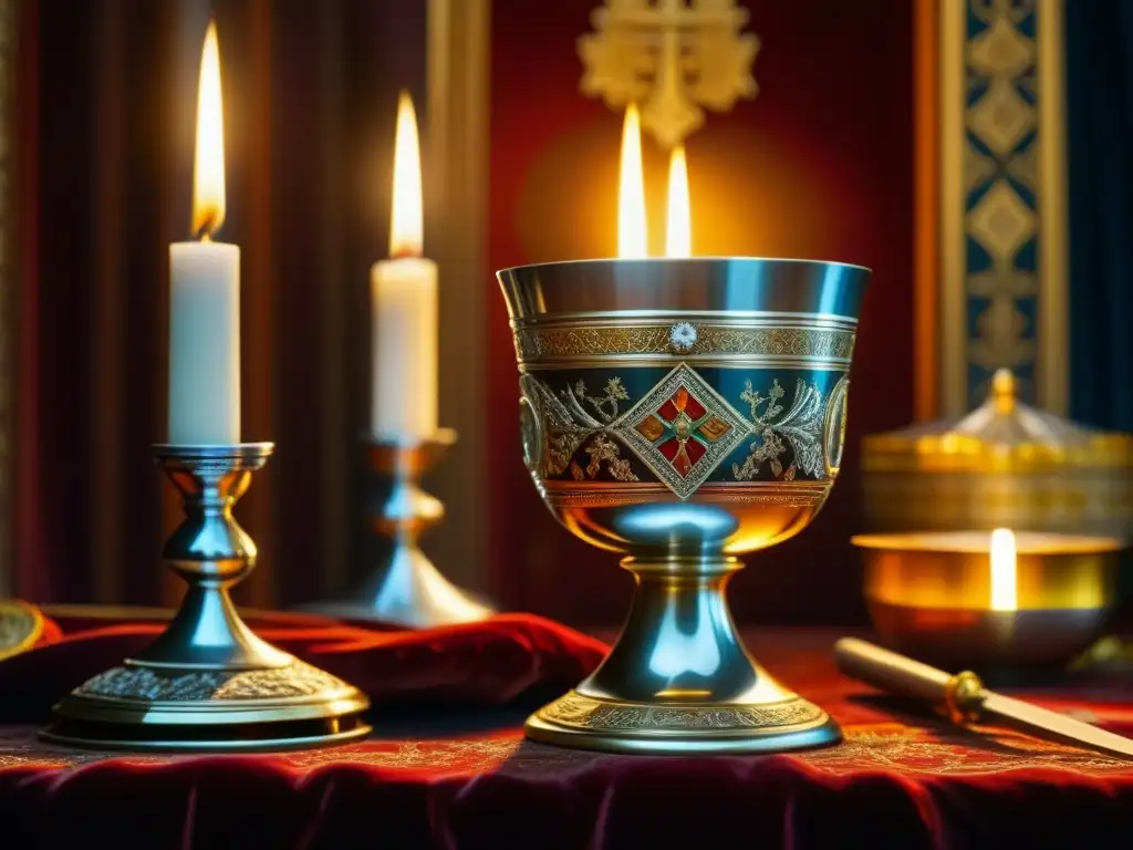 Detalle exquisito de cáliz ortodoxo ruso en la cocina de los Zares, iluminado por velas y símbolos religiosos