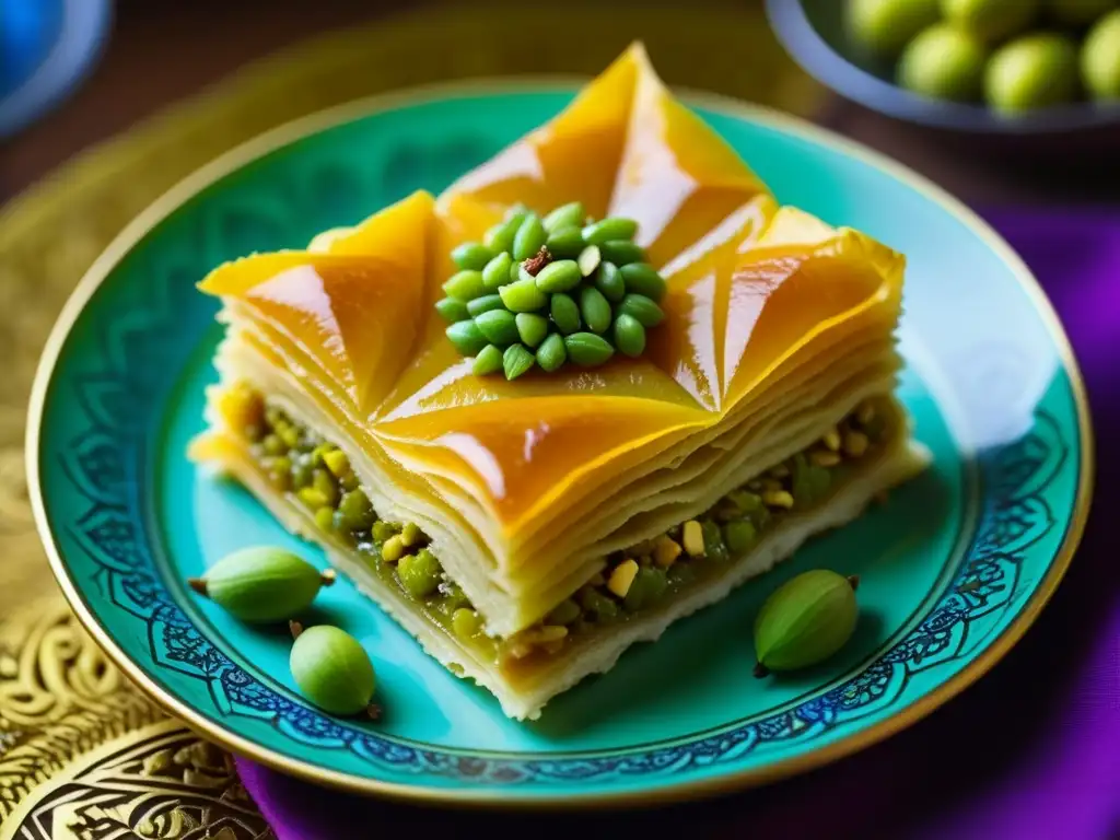 Detalle exquisito de un Baklava otomano con pistachos en filo dorado sobre cerámica turca