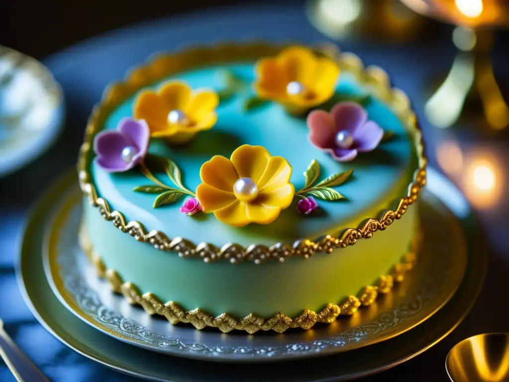 Detalle exquisito de un pastel barroco francés, con flores de fondant, hojas de oro y remolinos de glaseado