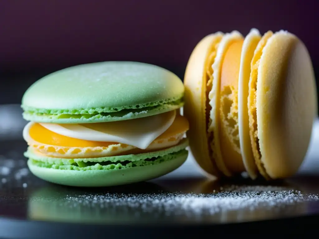 Detalle exquisito de un macaron pastel, mostrando su concha suave y colorida con un toque de azúcar en polvo