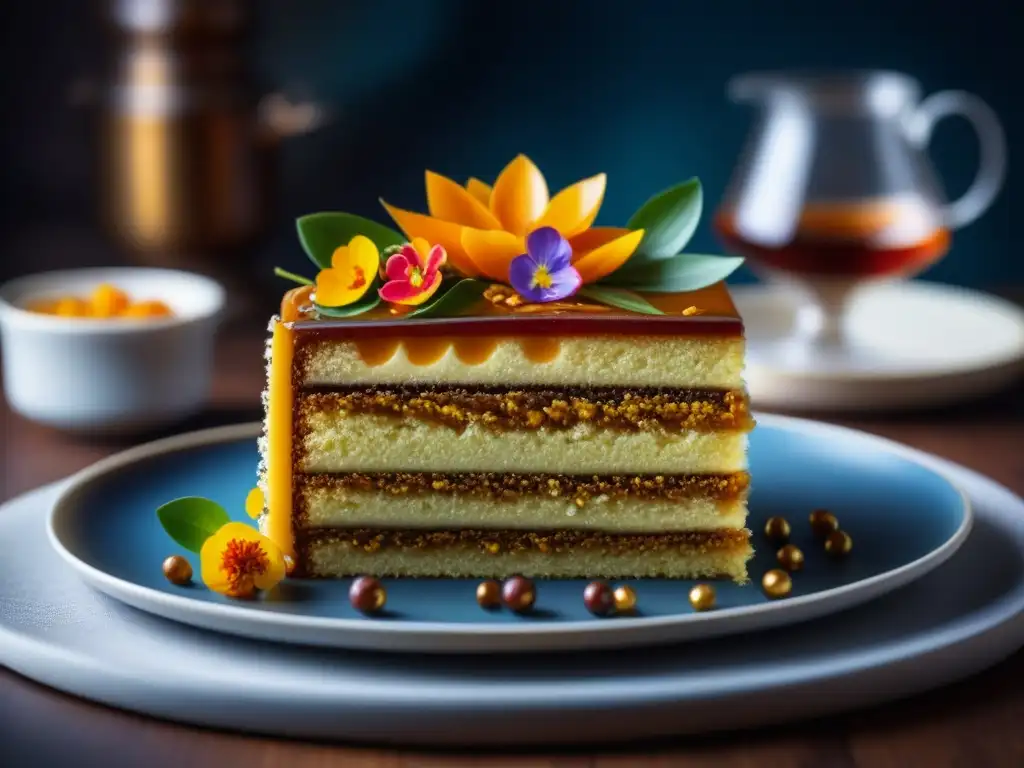 Detalle de un exquisito Pastel Mbatata, postre africano con influencia colonial, adornado con caramelo y flores comestibles