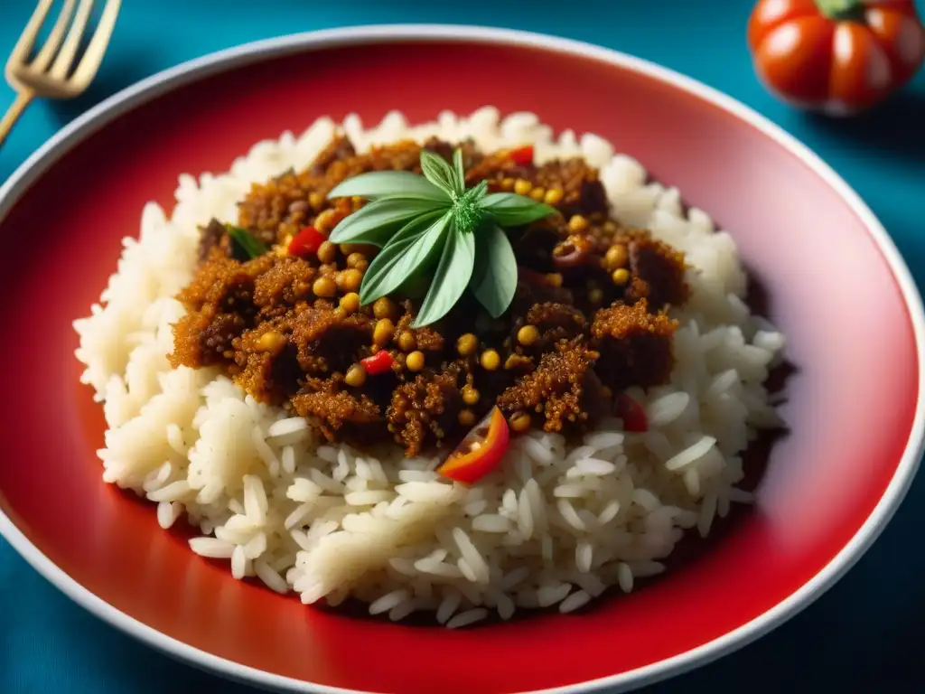 Detalle de un exquisito plato de arroz jollof africano, mostrando capas de granos cocidos en una salsa de tomate, especias y vapor