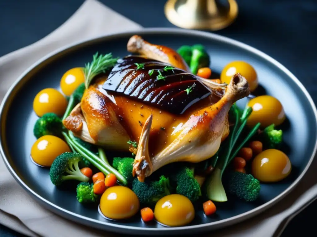 Detalle exquisito de un plato 'Poulet au Porto' del Barroco, con alimentos populares en el Barroco