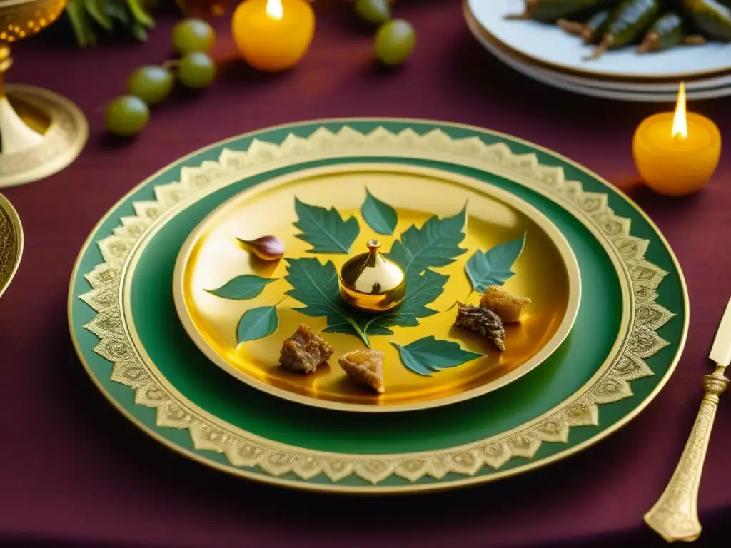 Detalle exquisito de plato bizantino dorado con grabados de figuras históricas y mesa lujosa llena de delicias