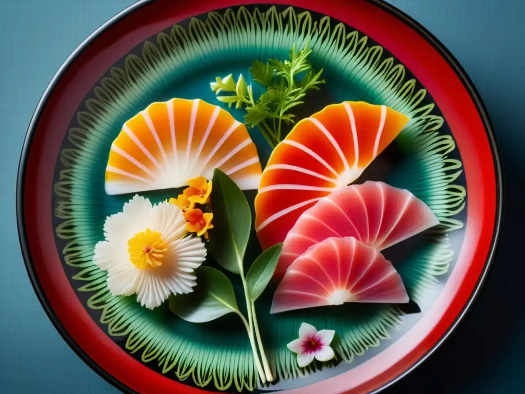 Detalle de exquisito plato de lacado japonés con sashimi, reflejo de la cocina japonesa corte imperial